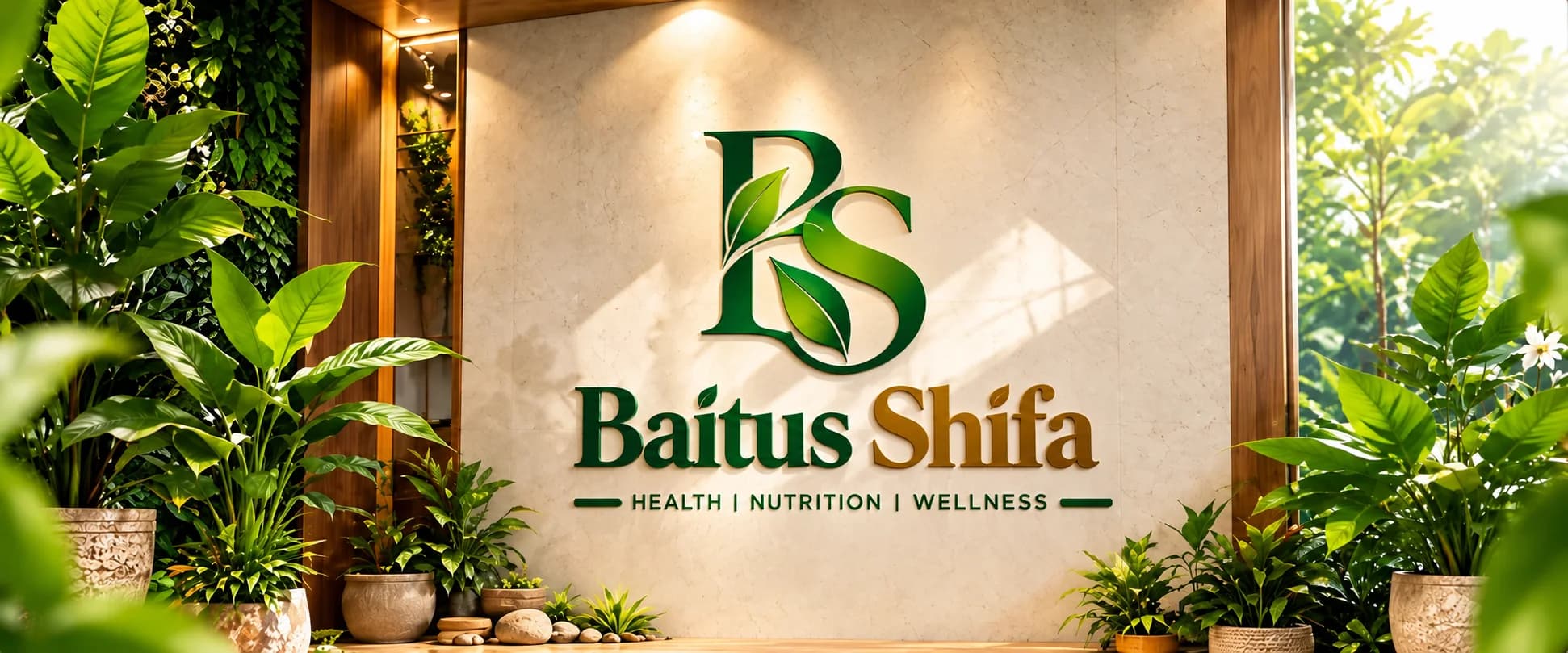 Baitus Shifa branding surrounded by plants
