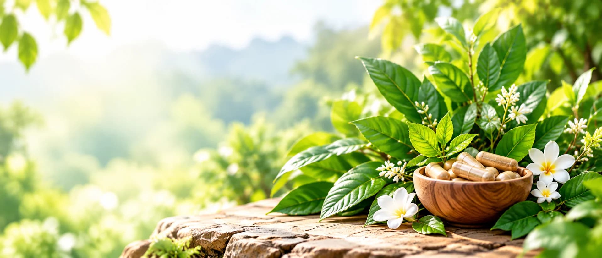 Natural capsules, leaves and flowers on a stone surface