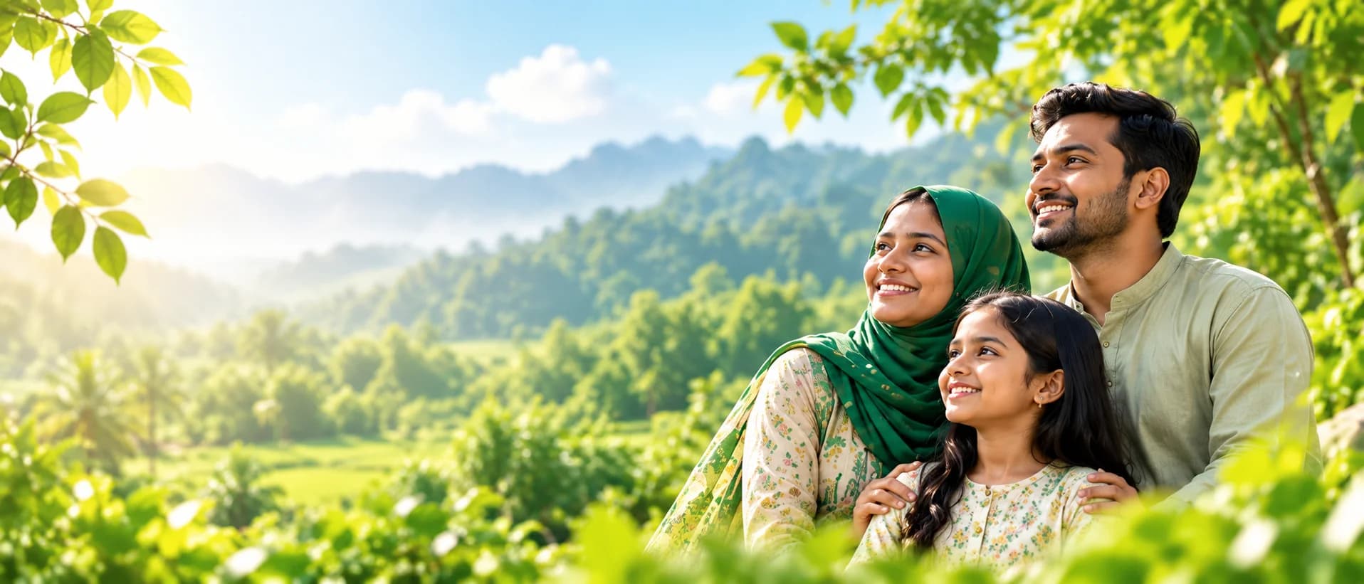 A family together in a green natural landscape