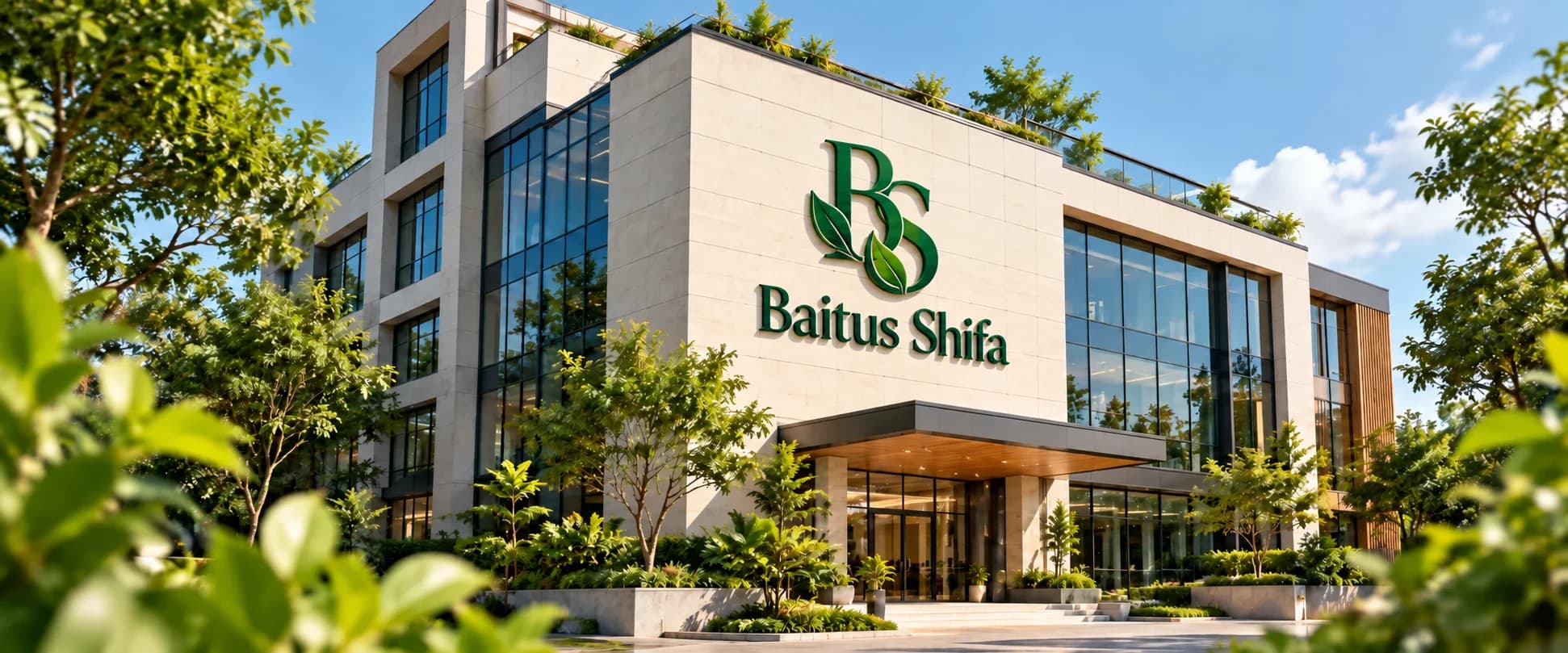 Illustration of a Baitus Shifa office building surrounded by greenery